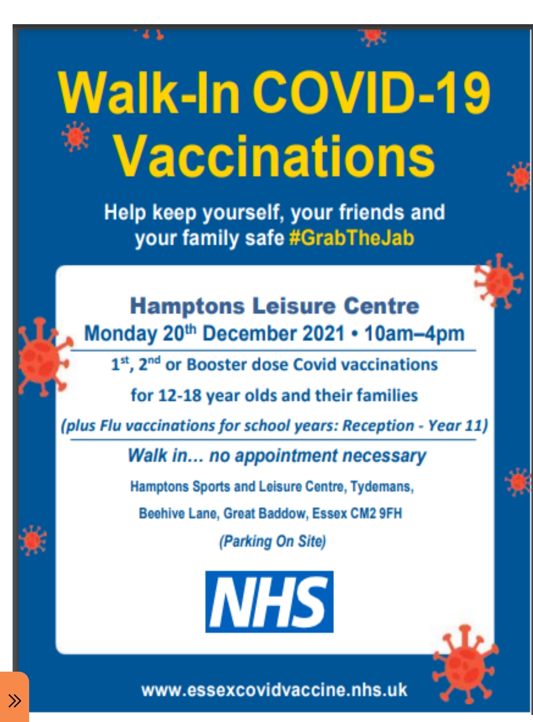 walk in covid-19 vaccination clinic at hamptons leisure centre poster